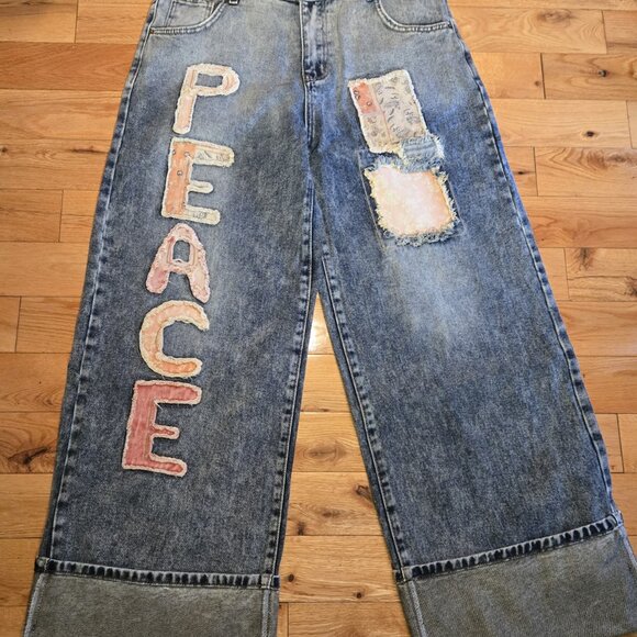 NEW Peace Patchwork Boho Cuffed Jeans size Small - Picture 2 of 5